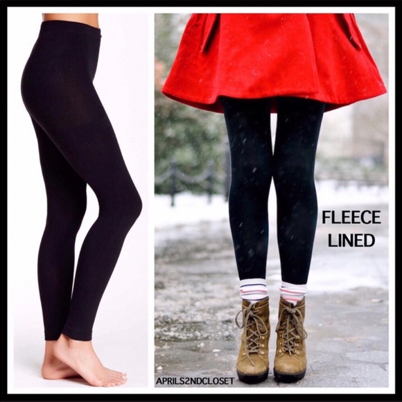 BLACK FLEECE LINED LEGGINGS FOOTLESS TIGHTS - Picture 2 of 13